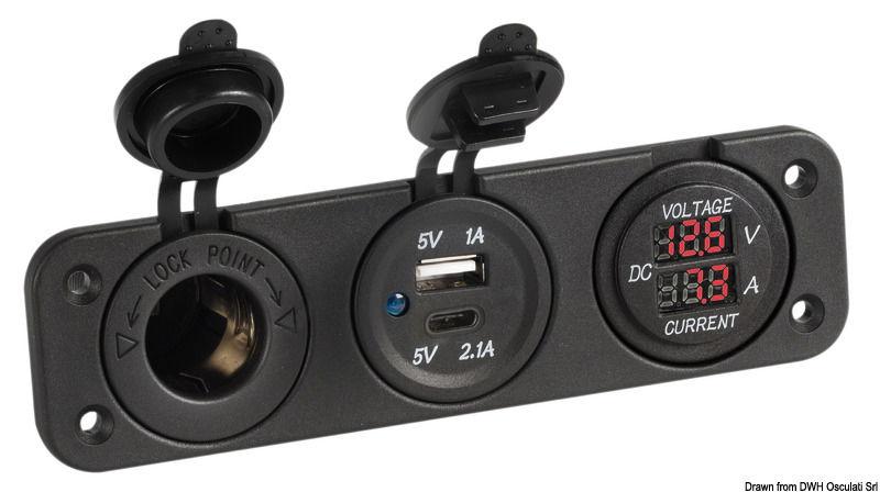 Voltmetro/Amperometro digitale 12V e USB-A + USB-C