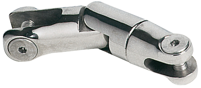 In acciaio inox AISI 316, senza sporgenze. Questo attacco girevole a doppio snodo è l'evoluzione del modello 01.740.08/10, che è a snodo semplice.