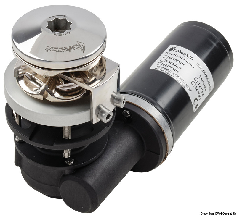Verricello verticale in acciaio inox AISI 316 e base tonda in alluminio. Sensore contametri integrato, motore stagno IP67. Consigliato per barche fino a 10 m.