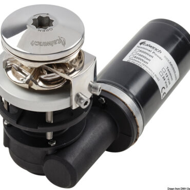 Verricello verticale in acciaio inox AISI 316 e base tonda in alluminio. Sensore contametri integrato, motore stagno IP67. Consigliato per barche fino a 10 m.