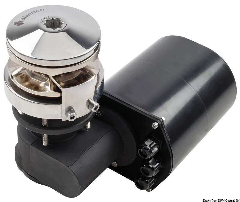 Verricello verticale in acciaio inox AISI 316 con base tonda. Sensore contametri integrato, motore stagno IP67. Consigliato per barche fino a 16 m.