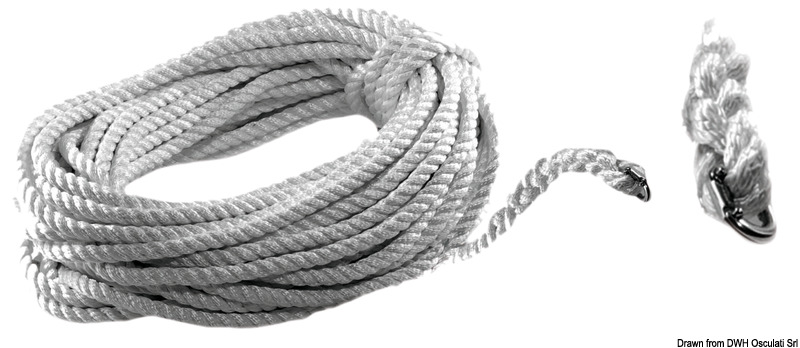Fabbricate con cima a 3 capi bianca e falsa maglia inox terminale atta a collegarla alla catena del verricello.