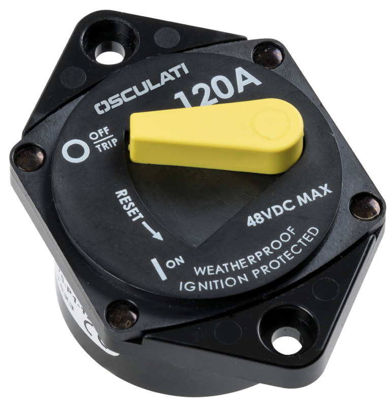 Riarmabili e sganciabili tramite apposita levetta, svolgono contemporaneamente funzioni di fusibile ed interruttore. Fabbricati in accordo con norme USA SAEJ1171 e CE 28846 “Vapor Proof”, capacità 3000 cicli d’intervento. Voltaggio ammesso: max 48 V,Versione maggiorata, terminali elettrici da 5/16” (invece che da 1/4”) per facilitare il collegamento dei cavi. Il modello da incasso richiede un semplice foro circolare per l’installazione. IP66 Waterproof. Da 100 A a 200 A può anche essere usata come staccabatteria generale.Capacità massimo voltaggio:5000A 14VDC;3000A 28VDC;1500A 48VDC.Temperatura di utilizzo: -40C° / 85C°.