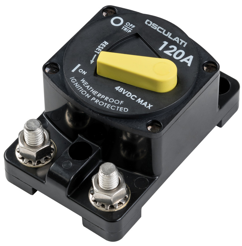 Riarmabili e sganciabili tramite apposita levetta, svolgono contemporaneamente funzioni di fusibile ed interruttore. Fabbricati in accordo con norme USA SAEJ1171 e CE 28846 “Vapor Proof”, capacità 3000 cicli d’intervento. Voltaggio ammesso: max 48 V,Versione maggiorata, terminali elettrici da 5/16” (invece che da 1/4”) per facilitare il collegamento dei cavi. Il modello da incasso richiede un semplice foro circolare per l’installazione. IP66 Waterproof. Da 100 A a 200 A può anche essere usata come staccabatteria generale.Capacità massimo voltaggio:5000A 14VDC;3000A 28VDC;1500A 48VDC.Temperatura di utilizzo: -40C° / 85C°.