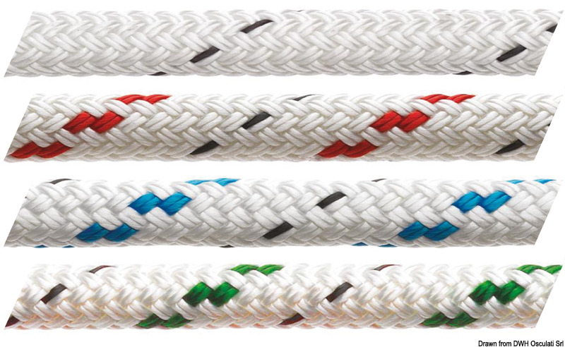 Treccia in poliestere bianca con segnalino. Ideale per: scotte in genere (crociera), avvolgi fiocchi; terzaroli; usi generici. Caratteristiche: molto maneggevole e morbida, facile da impugnare e annodare. Anima: 12 capi in poliestere. Calza esterna: poliestere alta tenacità 24 capi.