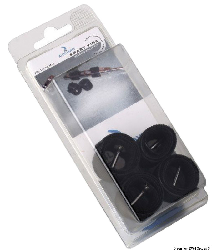 Sistema rapido ed innovativo alternativo alle classiche coppiglie, composto da un perno in acciaio inox 316 e da un nastro in velcro, per la messa in sicurezza dei terminali per il sartiame.E’ sufficiente inserire il perno nel foro del terminale e serrare il nastro in velcro attorno alla canula. Confezione da 4 pezzi.