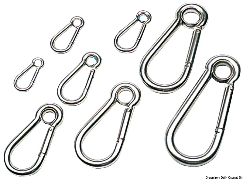 Con molla in acciaio inox, versioni senza occhio o con anello a redancia sull'occhio.