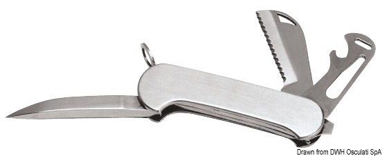 Completo di aprigrilli, punteruolo per impiombature con blocco, apribottiglie, cacciavite, slamatore per ami. In confezione espositiva blister.