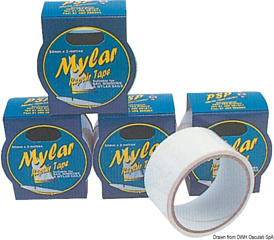 Nastro autoadesivo trasparente per riparare istantaneamente le vele. Il Mylar é indicato anche per le vele in dacron o di altri tessuti. E’ adatto inoltre per riparare le finestre trasparenti nelle vele delle derive o surf.