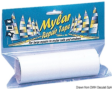 Nastro autoadesivo trasparente per riparare istantaneamente le vele. Il Mylar é indicato anche per le vele in dacron o di altri tessuti. E’ adatto inoltre per riparare le finestre trasparenti nelle vele delle derive o surf.