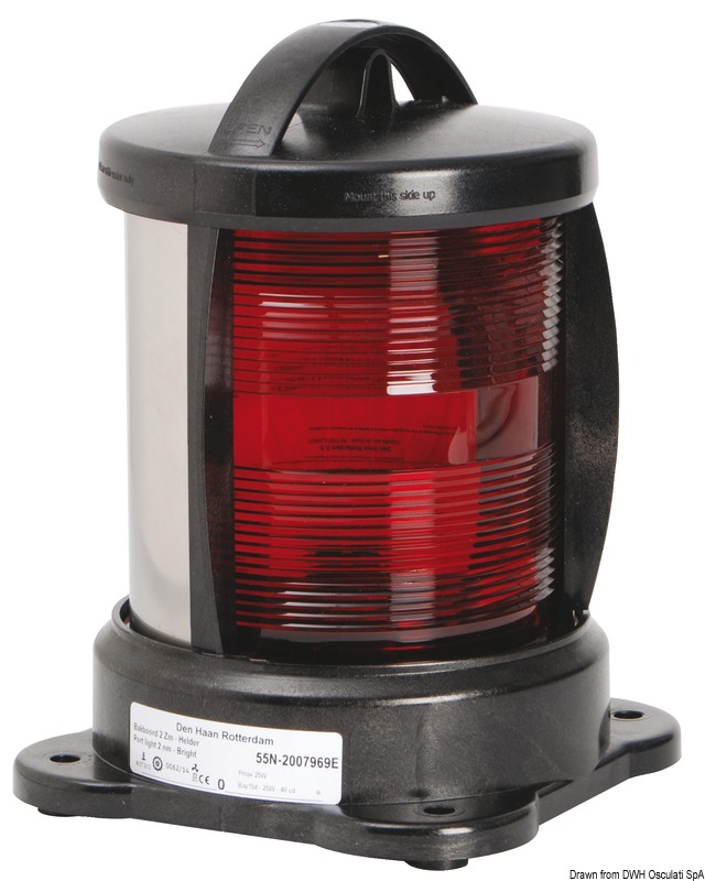 Omologati anche per Marina Mercantile. Realizzati in policarbonato nero e acciaio inox. Completi di speciale lampadina a filamento verticale.