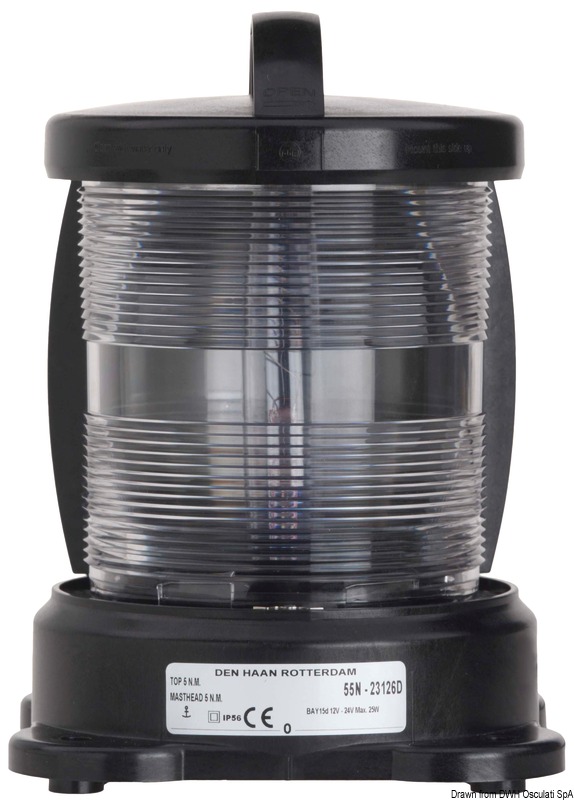Omologati anche per Marina Mercantile. Realizzati in policarbonato nero e acciaio inox. Completi di speciale lampadina a filamento verticale.