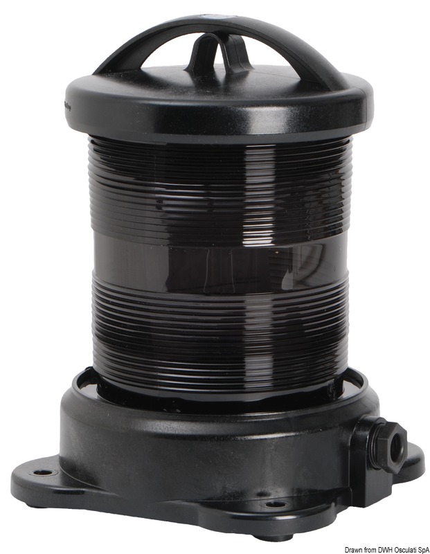 Omologati anche per Marina Mercantile. Realizzati in policarbonato nero e acciaio inox. Completi di speciale lampadina a filamento verticale.