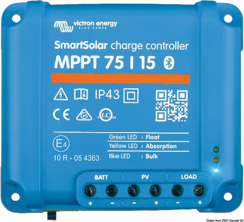 Regolatore di carica solare MPPT (rendimento 98%) con uscita per consumi CC e Bluetooth integrato per configurazione e monitoraggio con la app Victron Connect. Sensore di temperatura interno.