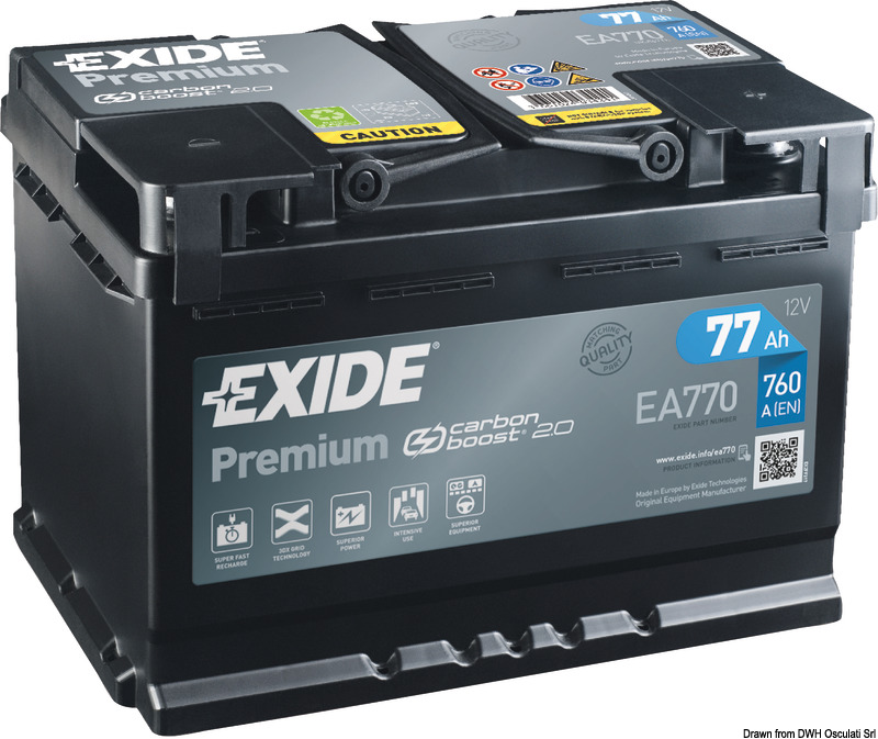 +30% di potenza in avviamento rispetto ad una batteria standard. Incremento della durata della batteria in condizioni di esercizio, ad elevate temperature. Doppio coperchio termosaldato sigillato massima sicurezza.Sistema labirinto brevettato Exide che facilita il riflusso delle particelle di acido impedendone la fuoriuscita. Assolutamente senza manutenzione. Inclinabile fino a 60°. Maggiore riserva di capacità grazie all'uso di piastre con spessore maggiorato. Maggiore resistenza alla corrosione grazie all'uso delle griglie in metallo espanso (Exmet) e all'uso di leghe Piombo-Calcio.