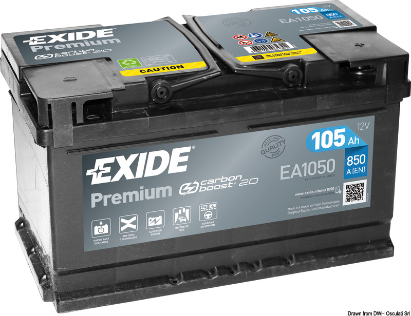 +30% di potenza in avviamento rispetto ad una batteria standard. Incremento della durata della batteria in condizioni di esercizio, ad elevate temperature. Doppio coperchio termosaldato sigillato massima sicurezza.Sistema labirinto brevettato Exide che facilita il riflusso delle particelle di acido impedendone la fuoriuscita. Assolutamente senza manutenzione. Inclinabile fino a 60°. Maggiore riserva di capacità grazie all'uso di piastre con spessore maggiorato. Maggiore resistenza alla corrosione grazie all'uso delle griglie in metallo espanso (Exmet) e all'uso di leghe Piombo-Calcio.