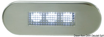 Corpo in policarbonato con frontale in acciaio inox lucidato a specchio. Montaggio tramite viti.