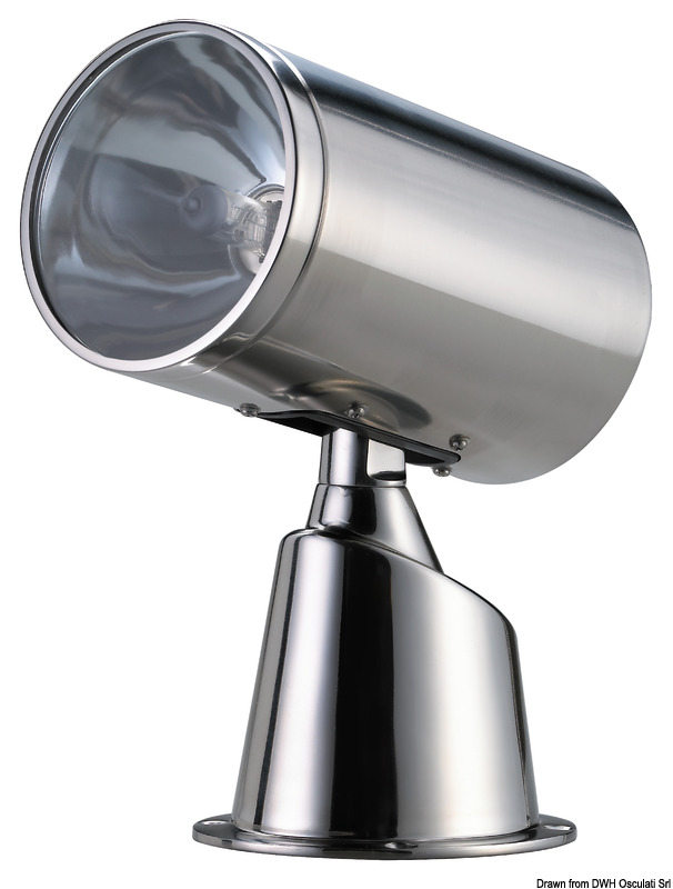 Carcassa: inox lucidato a specchio. Completamente stagni. Rotazione 350° orizzontale e 55° verticale. Due velocità. Lampadina alogena doppio filamento (spot + flood) da 100 W + 90 W tipo H4.Protezione contro le interferenze elettroniche.I fari sono collegabili a 2 tipi di comando optional che possono essere indipendenti o sommati per creare la configurazione desiderata:1) Comando da plancia con joystick. Cavo incluso da 4,5 m. Si possono installare altri comandi joystick usando il cavo a 2 porte 13.227.51.2) Radiocomando classico fornito con staffa per fissaggio alla plancia. Portata fino a 40 m di distanza dal faro.