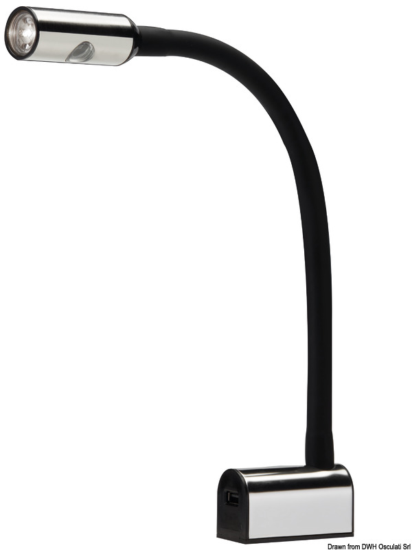 Base e faretto in acciaio inox lucidato. Braccio snodato rivestito in silicone nero.Completo di presa USB sulla base. Accensione a sfioramento sulla testa.