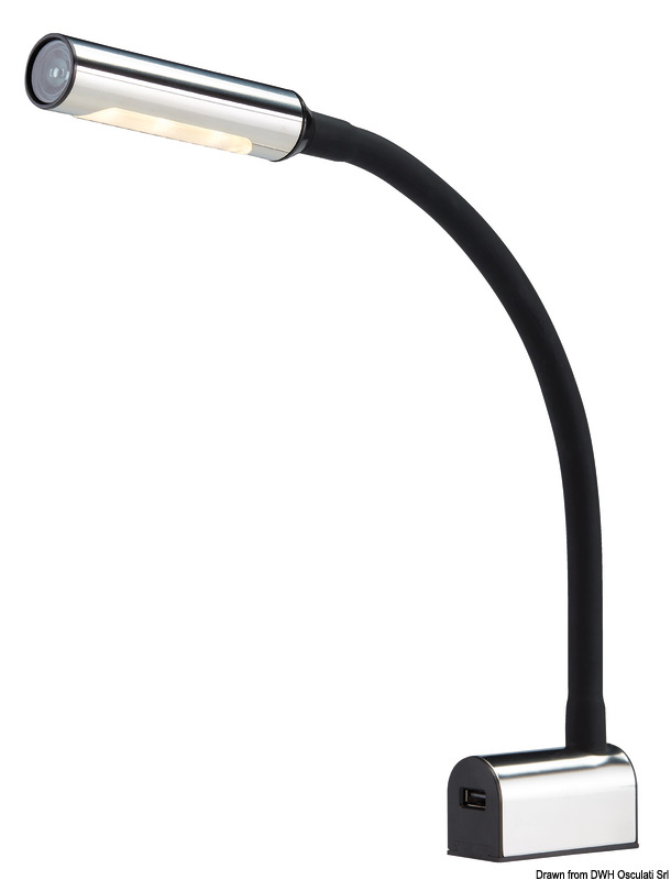 Base e faretto in acciaio inox lucido. Braccio snodato rivestito in silicone nero. Completo di presa USB 2,1 A sulla base. Accensione a sfioro sulla testa. Fascio luminoso potente con 3 LED bianchi + 2 LED rossi per luce notturna.