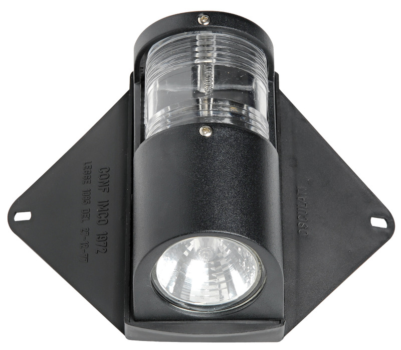 Fanale di via a 225° Art. 11.415.03 conforme alle norme IMCO e RINA Abbinato con speciale faretto alogeno da 35 W 12 V dicroico con vetro anteriore (lampadina ricambio 13.258.57).Realizzato tutto in policarbonato nero, a perfetta tenuta stagna.Speciale sistema flessibile di bandelle laterali che ne permettono l’uso su alberi di qualsiasi dimensione.Monta fanale omologato RINA 11.415.03 (lampadina ricambio 14.300.00).