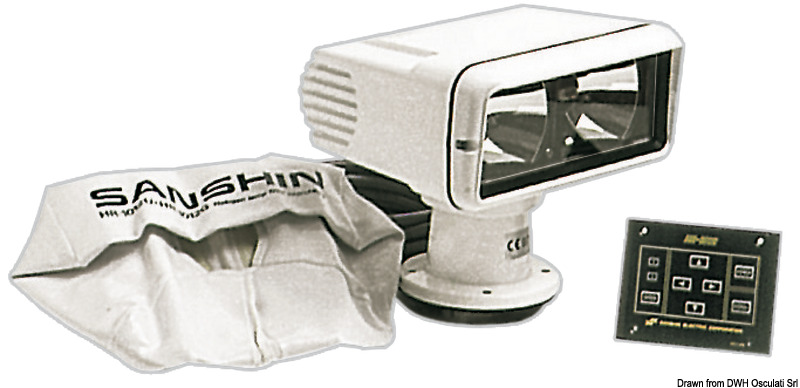 Con doppia lampadina alogena da 55 W ciascuna. Carcassa in alluminio bianco, comando a distanza, segnali morse e variazione della velocità di rotazione del faro. Portata max 1200 m, misure 200x232 mm.