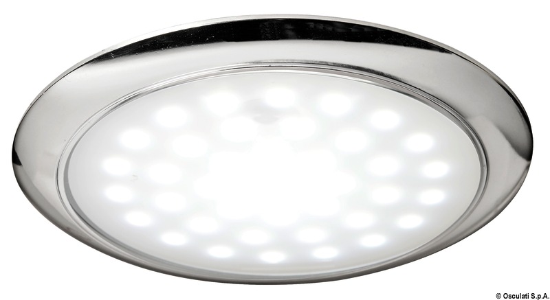 Corpo in ABS, lente in vetro satinato. Senza incasso. Versione ultrapiatta con interruttore touch e due livelli di luminosità.