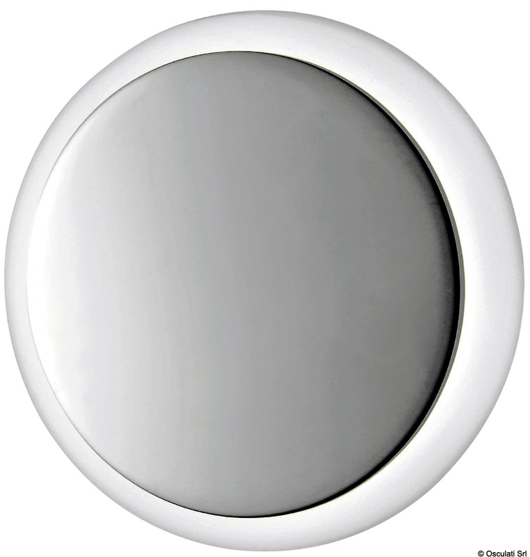 Corpo in plastica bianca, frontale in acciaio inox lucidato a specchio. Montaggio a scatto.