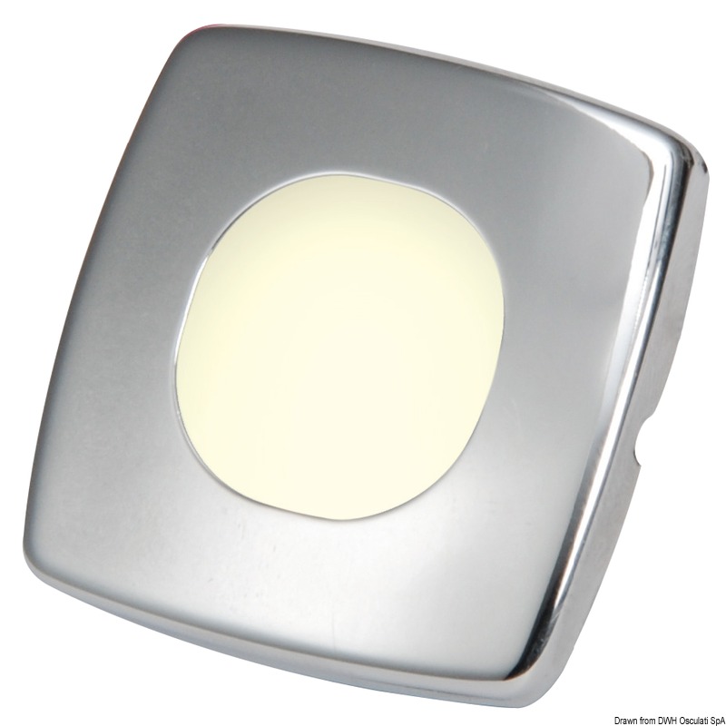 Corpo in policarbonato, frontale in acciaio inox lucidato a specchio. Fissaggio a pressione.