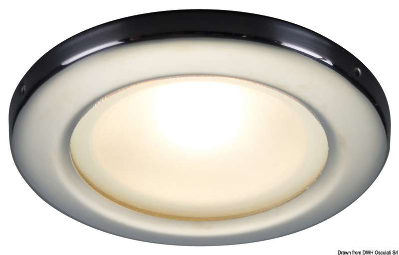 Corpo in alluminio rivestito con resina epossidica bianca, ghiera in acciaio inox.Lente in vetro satinato.