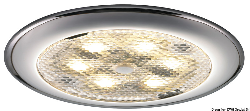 Corpo in acciaio inox. Fissaggio tramite viti nascoste dal frontalino. Completa di 2 lenti frontali di diversa trasparenza.