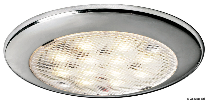 Corpo in acciaio inox. Fissaggio tramite viti nascoste dal frontalino. Completa di 2 lenti frontali di diversa trasparenza.
