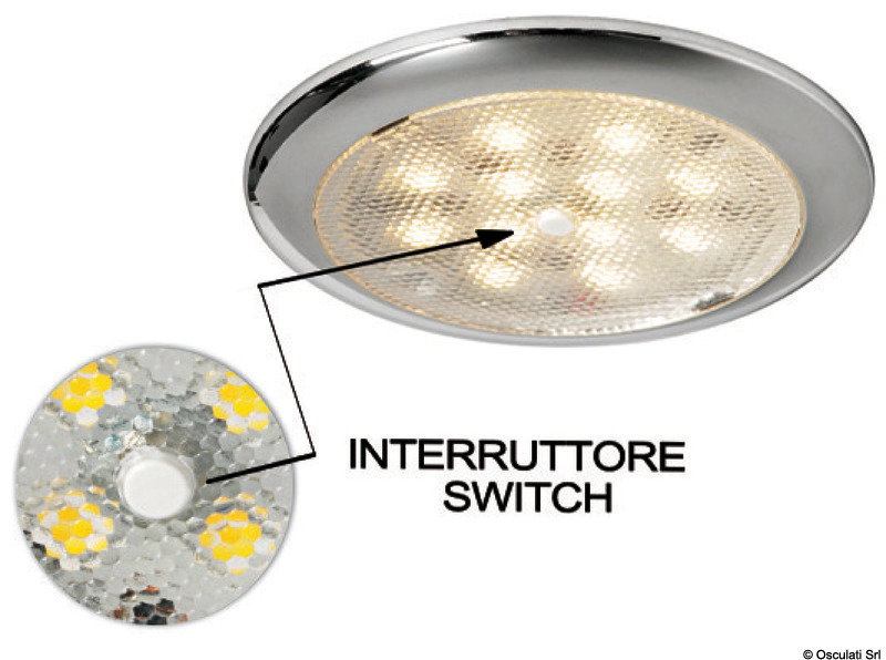 Corpo in acciaio inox. Fissaggio tramite viti nascoste dal frontalino. Completa di 2 lenti frontali di diversa trasparenza.