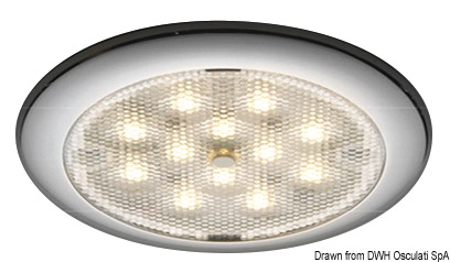Corpo in acciaio inox. Si comanda tramite il pulsante centrale: primo scatto = luce bianca; secondo scatto = luce colorata. Fissaggio tramite viti nascoste dal frontalino.