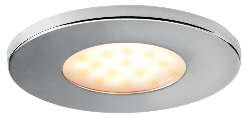 Corpo in tecnopolimero. Ghiera di finitura in acciaio inox AISI 316 lucidato.Lente in policarbonato opalino. Fissaggio senza viti, con molle inox.