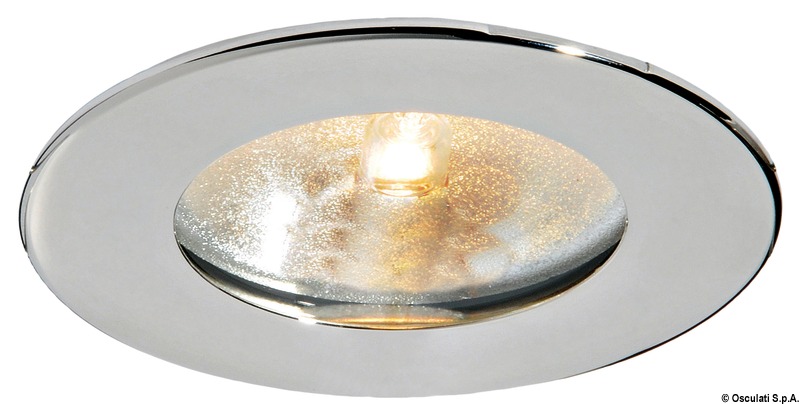 Corpo in acciaio inox. Lente in vetro satinato. Doppio sistema di fissaggio: con viti nascoste o con molle interne inox.