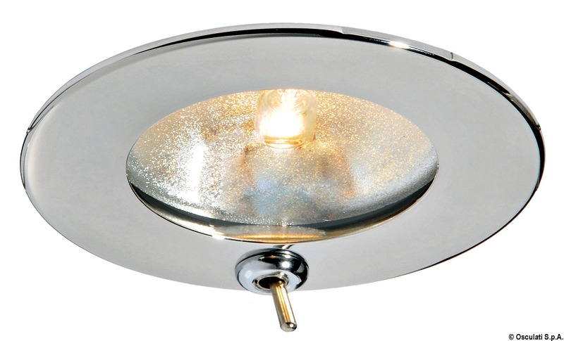 Corpo in acciaio inox. Lente in vetro satinato. Doppio sistema di fissaggio: con viti nascoste o con molle interne inox.
