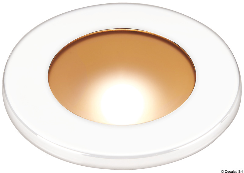 Carcassa in policarbonato completa di ghiera. Lente satinata. Un solo LED centrale. Fissaggio con viti.Tipologia luce:13.488.01/02 con luce fissa o dimmerabile, consultare la tabella per scegliere l'interruttore ideale.13.488.11/12 con luce dimmerabile, con funzione (ON/OFF + dimmer) touch inclusa nel vetro.