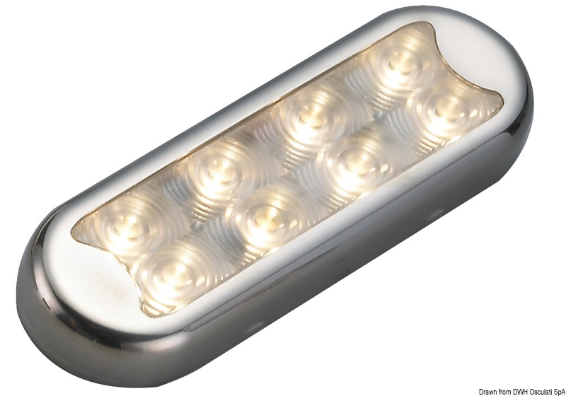 In acciaio inox lucidato con vetro in tecnopolimero. Fissaggio senza incasso.