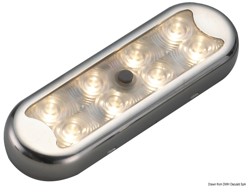 In acciaio inox lucidato con vetro in tecnopolimero. Fissaggio senza incasso.