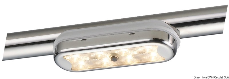 In acciaio inox lucidato con vetro in tecnopolimero. Fissaggio senza incasso.
