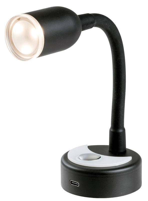 Completo di presa USB-C, 2 A.Interruttore touch ON-OFF con luce blu notturna e dimmer per regolare l'intensità luminosa.Materiale: alluminio nero.