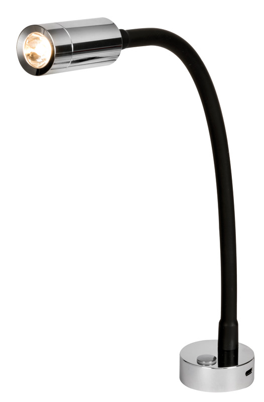 Completi di presa USB type C 2A.Interruttore touch ON-OFF e dimmer.Materiale: faretto in alluminio cromato e braccio snodato rivestito in silicone nero.