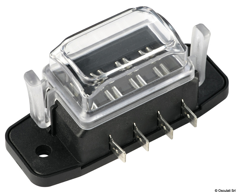 Utilizzabile coi seguenti fusibili: standard, mini e micro]. Con coperchio trasparente e guarnizione a tenuta stagna. Terminali a baionetta.