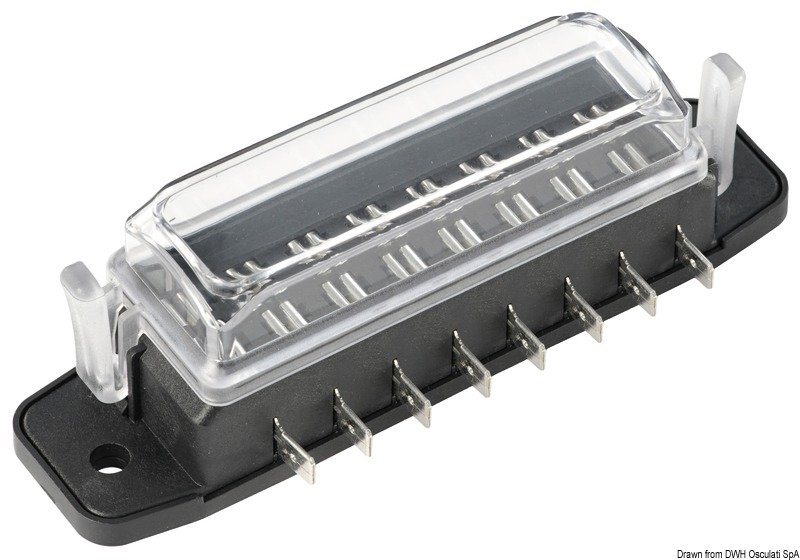 Utilizzabile coi seguenti fusibili: standard, mini e micro]. Con coperchio trasparente e guarnizione a tenuta stagna. Terminali a baionetta.