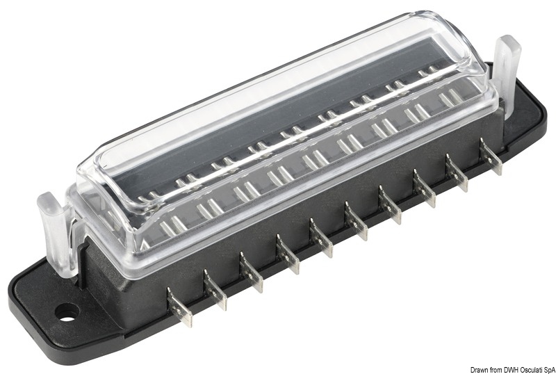 Utilizzabile coi seguenti fusibili: standard, mini e micro]. Con coperchio trasparente e guarnizione a tenuta stagna. Terminali a baionetta.