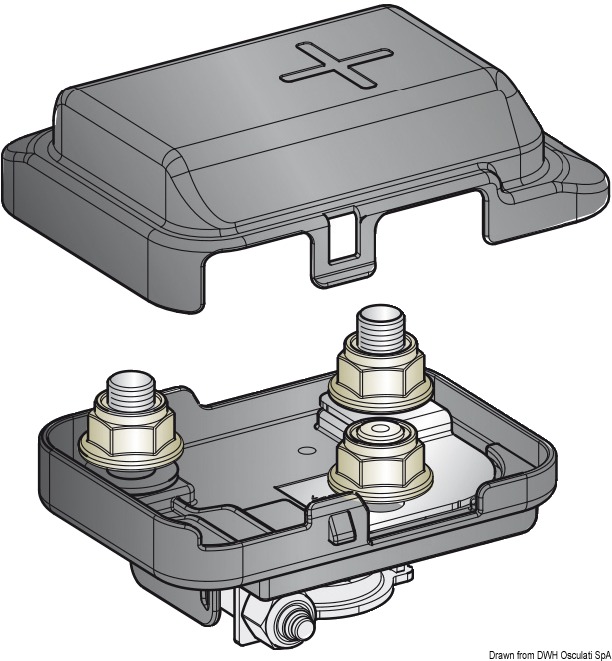 Box in termoplastica con coperchio, da utilizzare sul polo positivo batteria.Completare con fusibile MEGA. Portata max 200 A.