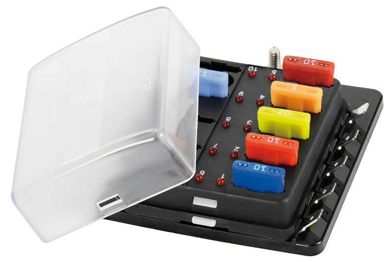 Riceve fusibili lamellari standard. Completa di LED di allarme fusibile interrotto.