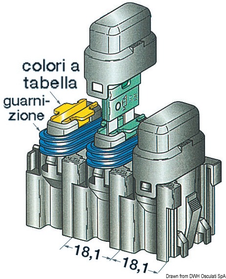 Componibili ad incasso. Guarnizione in silicone e secondary-Lock colorato per identificazione amperaggio, fusibili a lama standard.Usa fusibili a lama14.004.10/30/40/50/70. Un portafusibile completo viene composto da: 1*14.117.XX + 2*14.118.XX + 1*14.116.01.