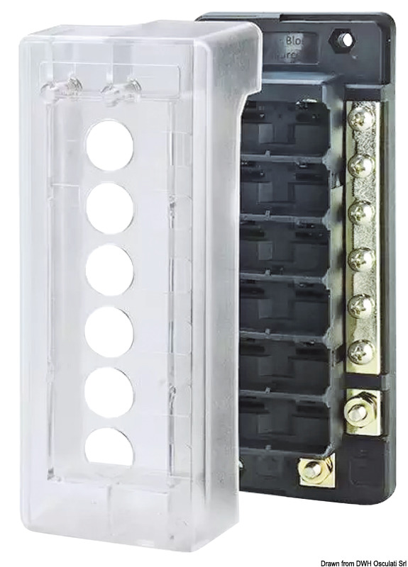 Accetta circuit breaker standard (es. 14.733.xx) molto più facili da installare rispetto ai fusibili a lama.Dotata di coperchio trasparente con sede per etichette di funzione (n.60 etichette fornite di serie).Il cappuccio stagno dei circuiti fuoriesce dai fori della cover e consente il riarmo senza togliere il coperchio.Terminali a vite.